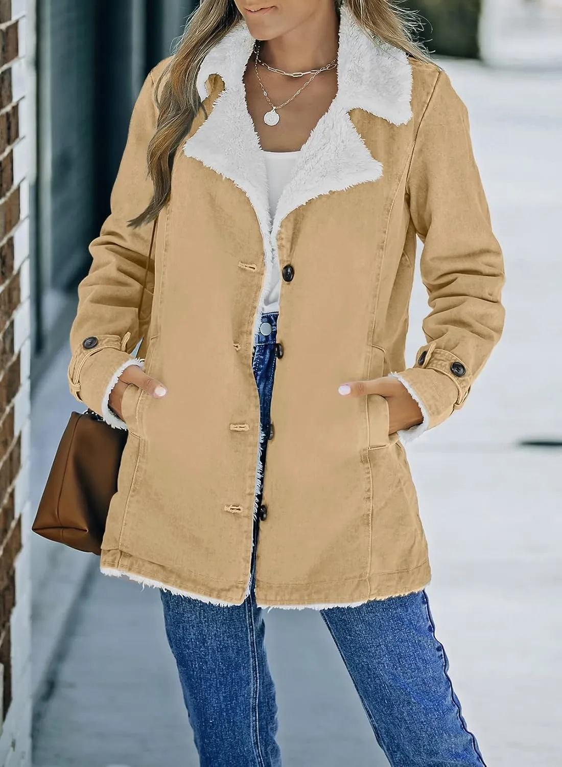 Dokotoo Womens Winter Warm Jean Jacket Stand Collar Wool Liner Sherpa Denim Coats Thicker Outerwear with Pockets