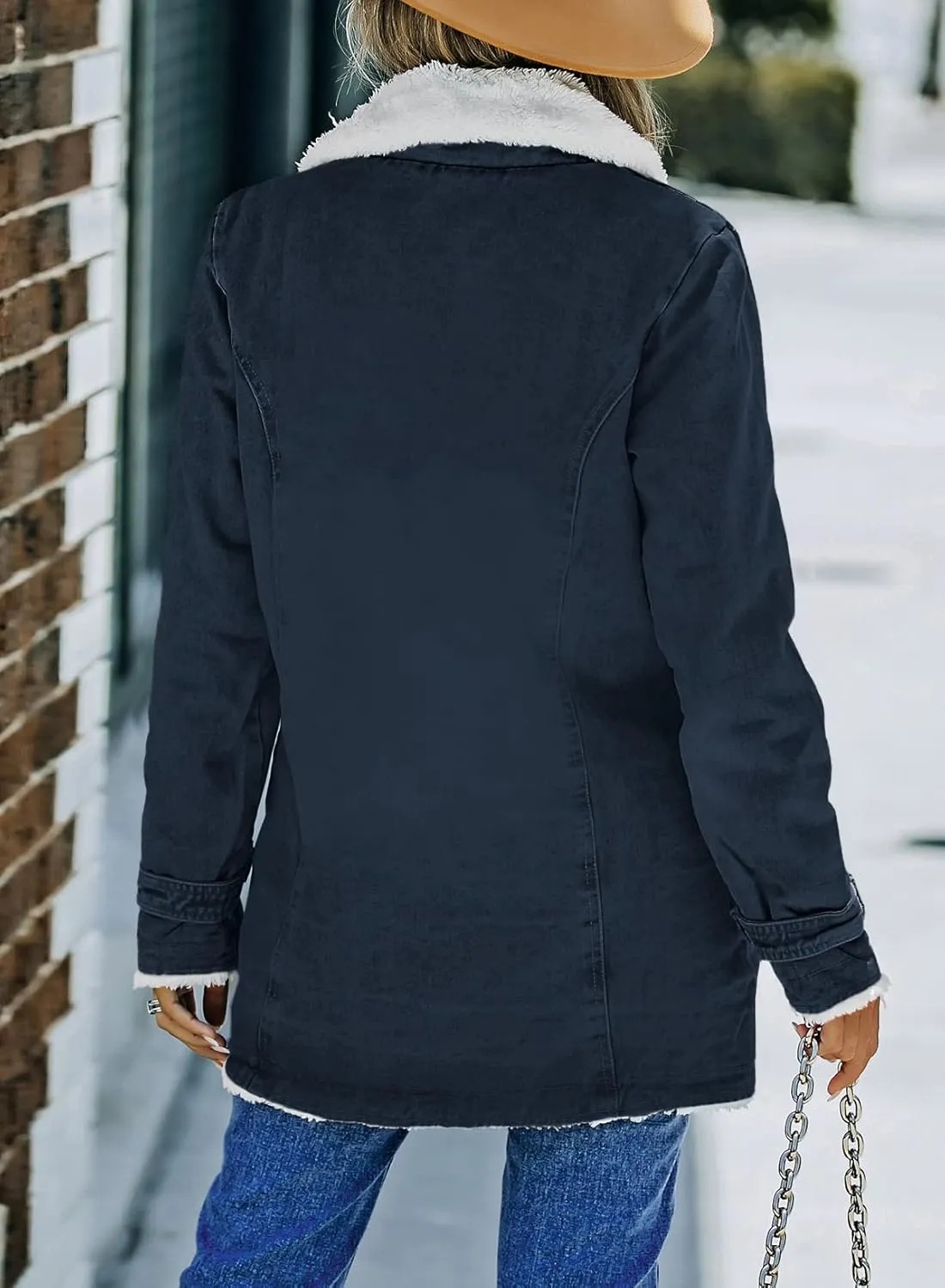 Dokotoo Womens Winter Warm Jean Jacket Stand Collar Wool Liner Sherpa Denim Coats Thicker Outerwear with Pockets