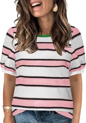 DOLNINE Womens-Plus-Size-Tops Cute Striped Color Block Oversized T Shirts Casual Short Sleeve Loose Fit Tunic Summer Blouses