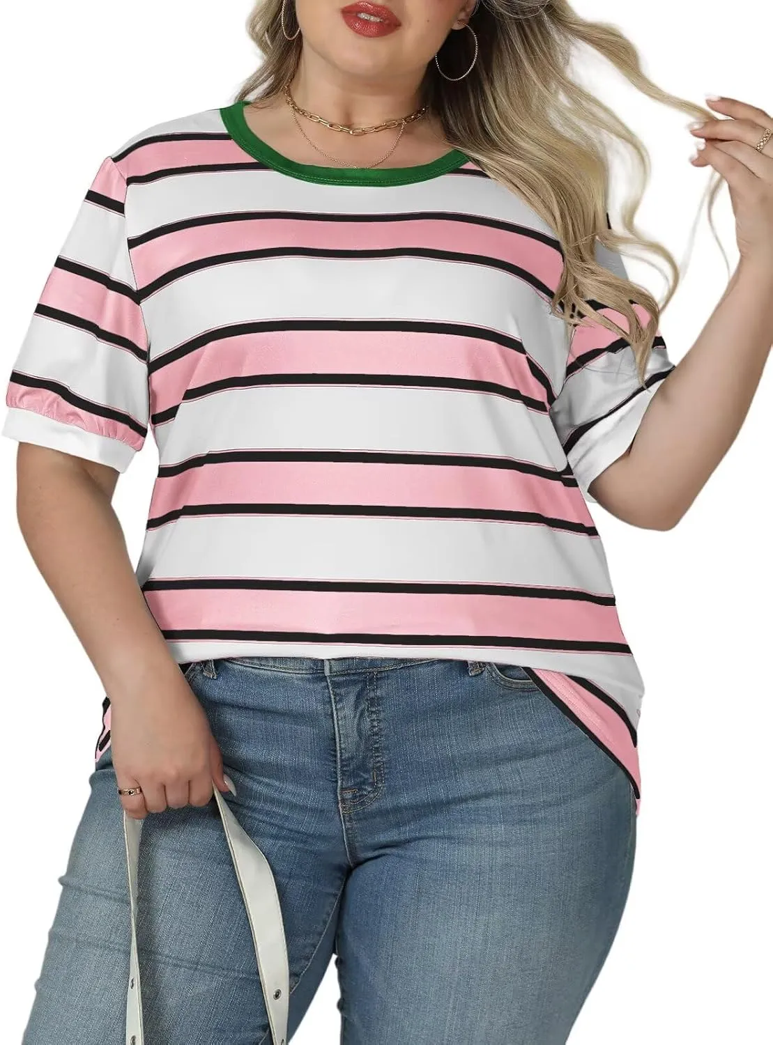 DOLNINE Womens-Plus-Size-Tops Cute Striped Color Block Oversized T Shirts Casual Short Sleeve Loose Fit Tunic Summer Blouses
