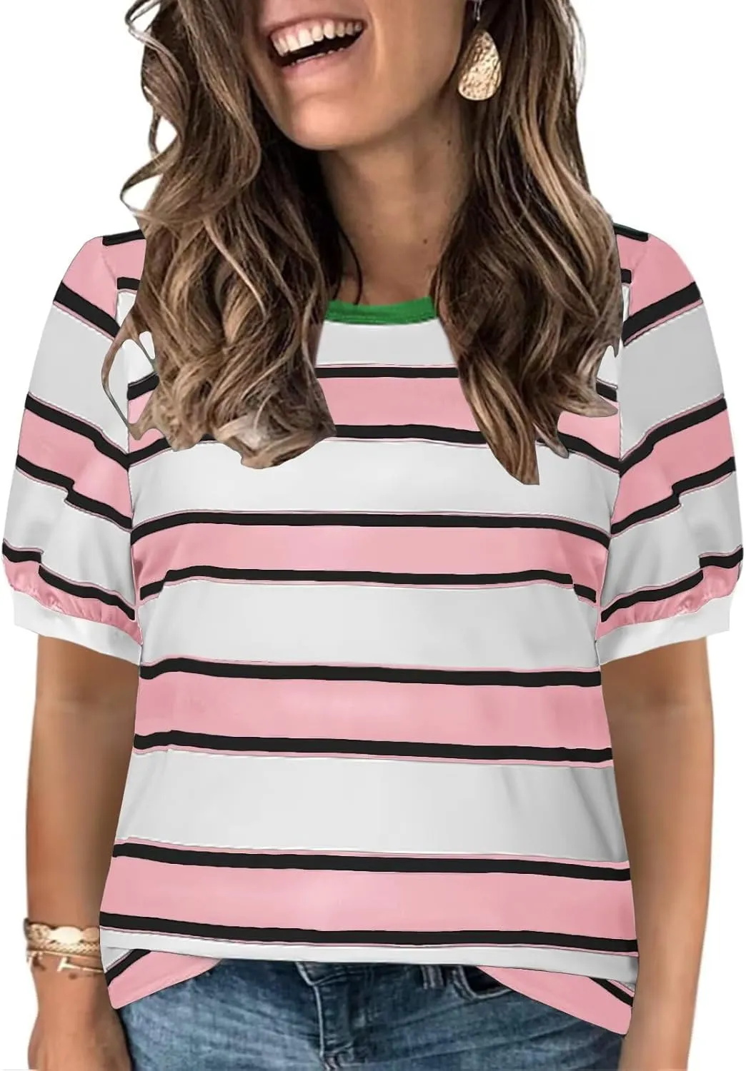 DOLNINE Womens-Plus-Size-Tops Cute Striped Color Block Oversized T Shirts Casual Short Sleeve Loose Fit Tunic Summer Blouses