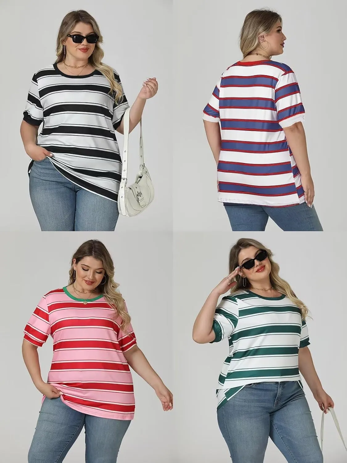DOLNINE Womens-Plus-Size-Tops Cute Striped Color Block Oversized T Shirts Casual Short Sleeve Loose Fit Tunic Summer Blouses