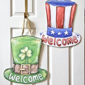 Double Sided Patriotic Hat Welcome / St. Patrick's Leprechaun Hat Welcome Door Hanger