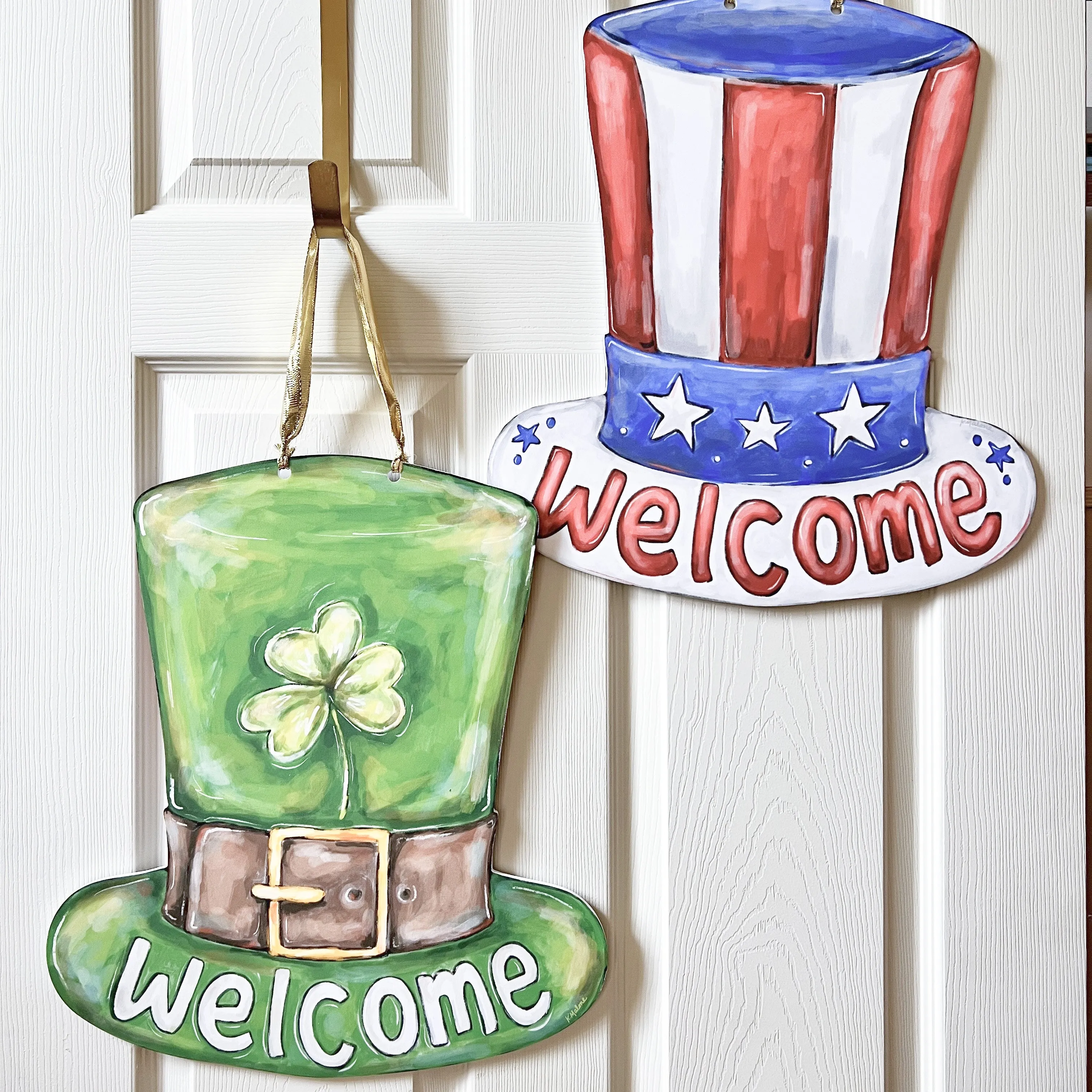 Double Sided Patriotic Hat Welcome / St. Patrick's Leprechaun Hat Welcome Door Hanger