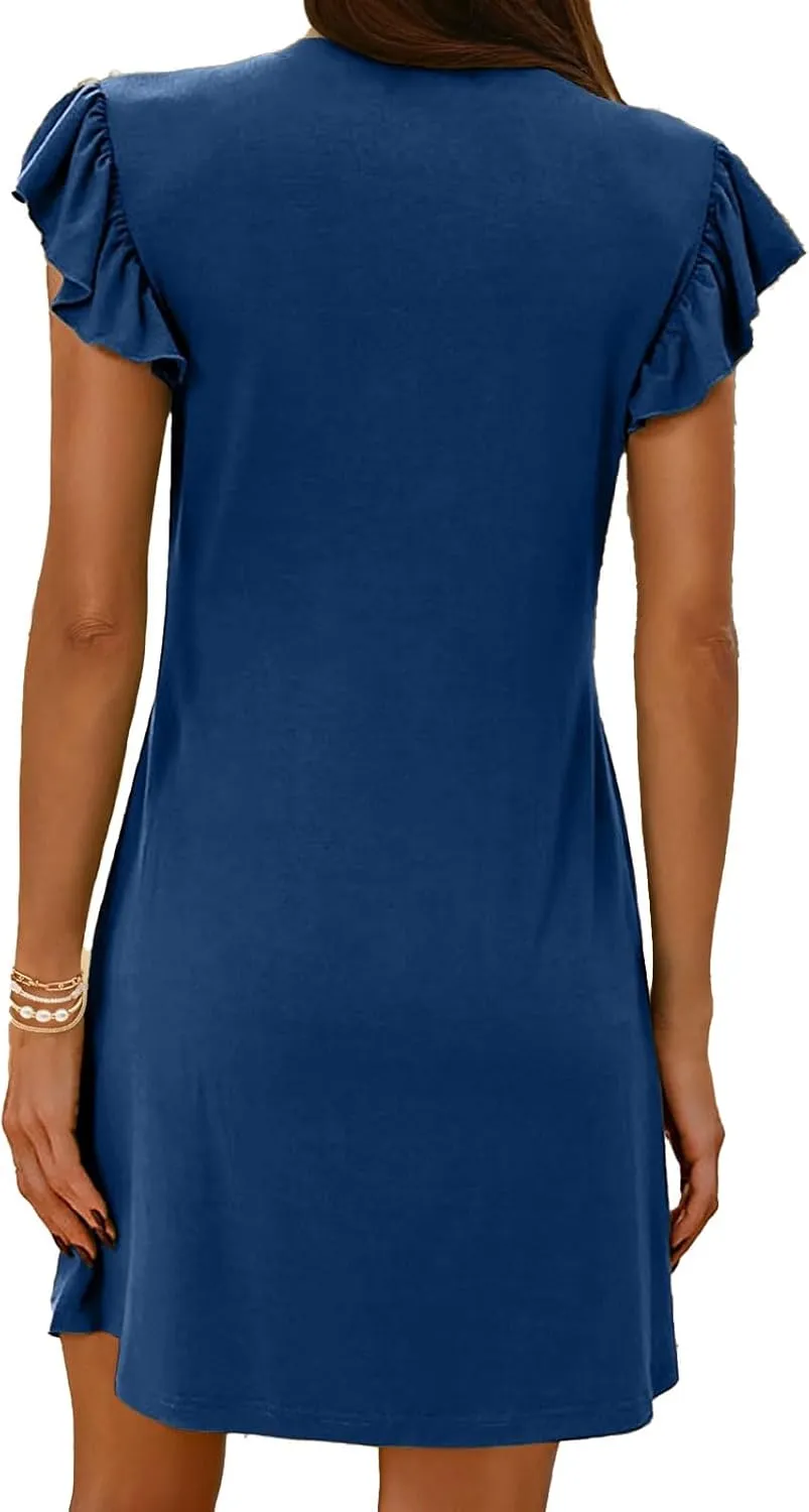 Dresses for Women 2025 Deep V Neck Loose Sundress Ruffle Sleeve Flowy Mini Dress Vacation Holiday Dresses