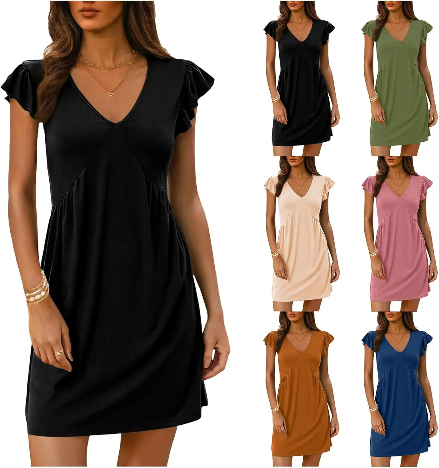 Dresses for Women 2025 Deep V Neck Loose Sundress Ruffle Sleeve Flowy Mini Dress Vacation Holiday Dresses