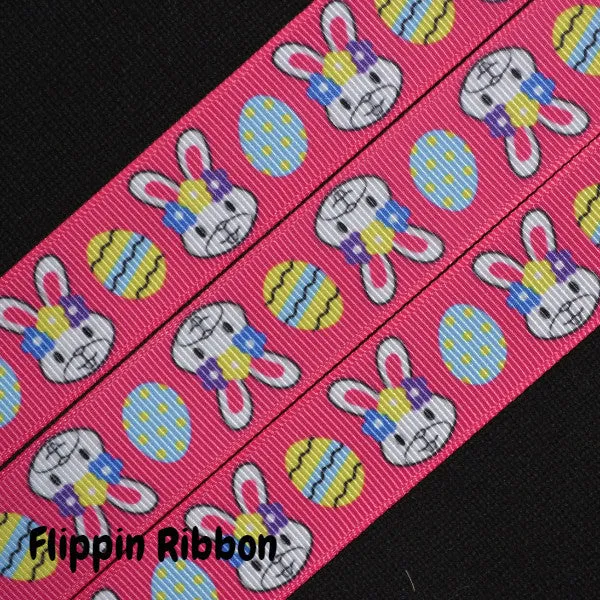 Easter Ribbon with Bunny Faces and Eggs - 7/8 inch Printed Grosgrain