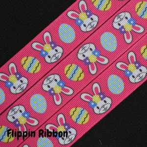 Easter Ribbon with Bunny Faces and Eggs - 7/8 inch Printed Grosgrain