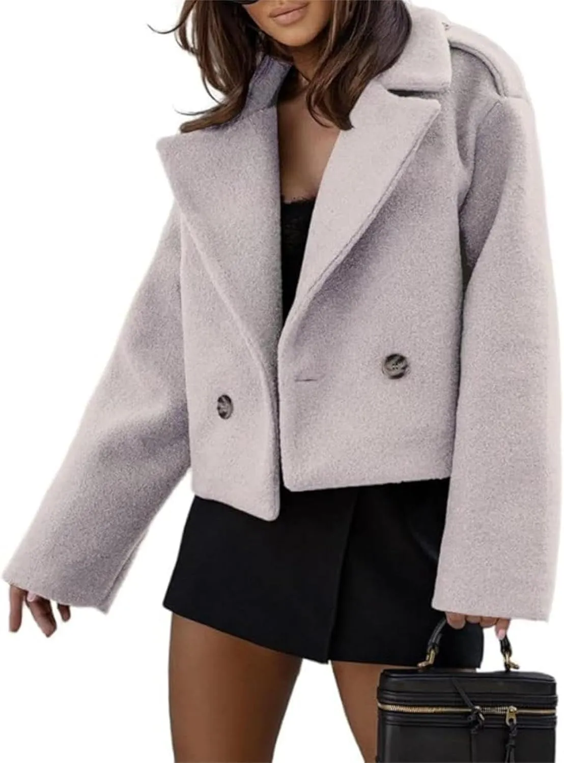 ECDAHICC Womens Wool Blend Cropped Trench Coat Fall Winter Pea Coat Double Breasted Blazer Jackets Fashion Coat