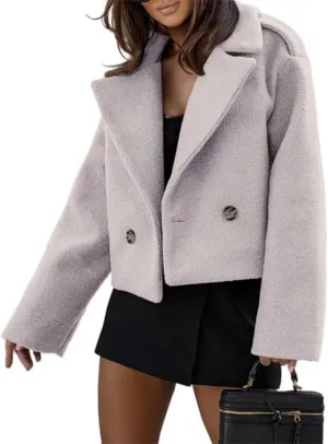 ECDAHICC Womens Wool Blend Cropped Trench Coat Fall Winter Pea Coat Double Breasted Blazer Jackets Fashion Coat