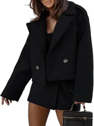 ECDAHICC Womens Wool Blend Cropped Trench Coat Fall Winter Pea Coat Double Breasted Blazer Jackets Fashion Coat