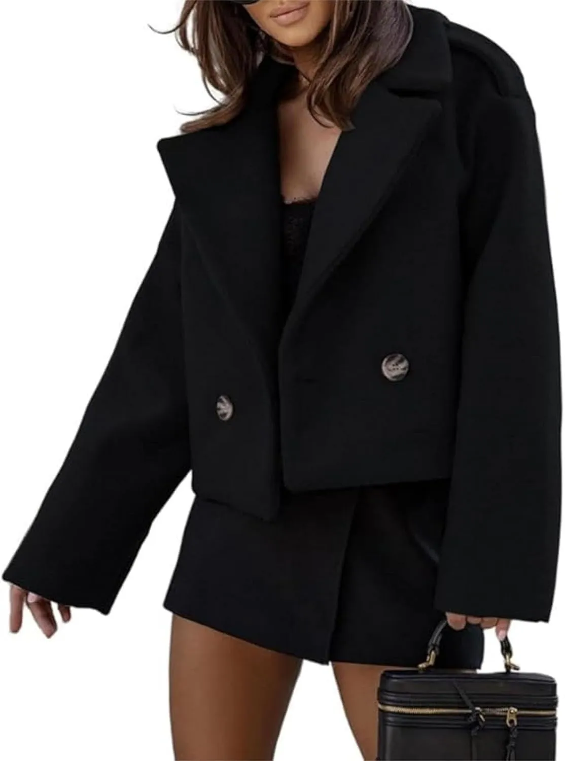 ECDAHICC Womens Wool Blend Cropped Trench Coat Fall Winter Pea Coat Double Breasted Blazer Jackets Fashion Coat