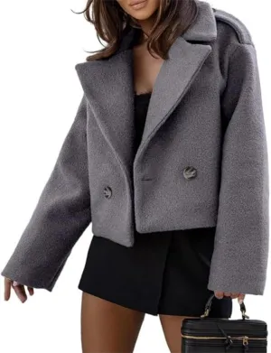 ECDAHICC Womens Wool Blend Cropped Trench Coat Fall Winter Pea Coat Double Breasted Blazer Jackets Fashion Coat