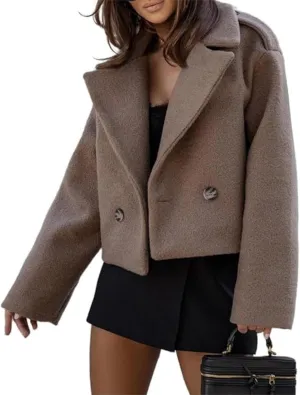 ECDAHICC Womens Wool Blend Cropped Trench Coat Fall Winter Pea Coat Double Breasted Blazer Jackets Fashion Coat