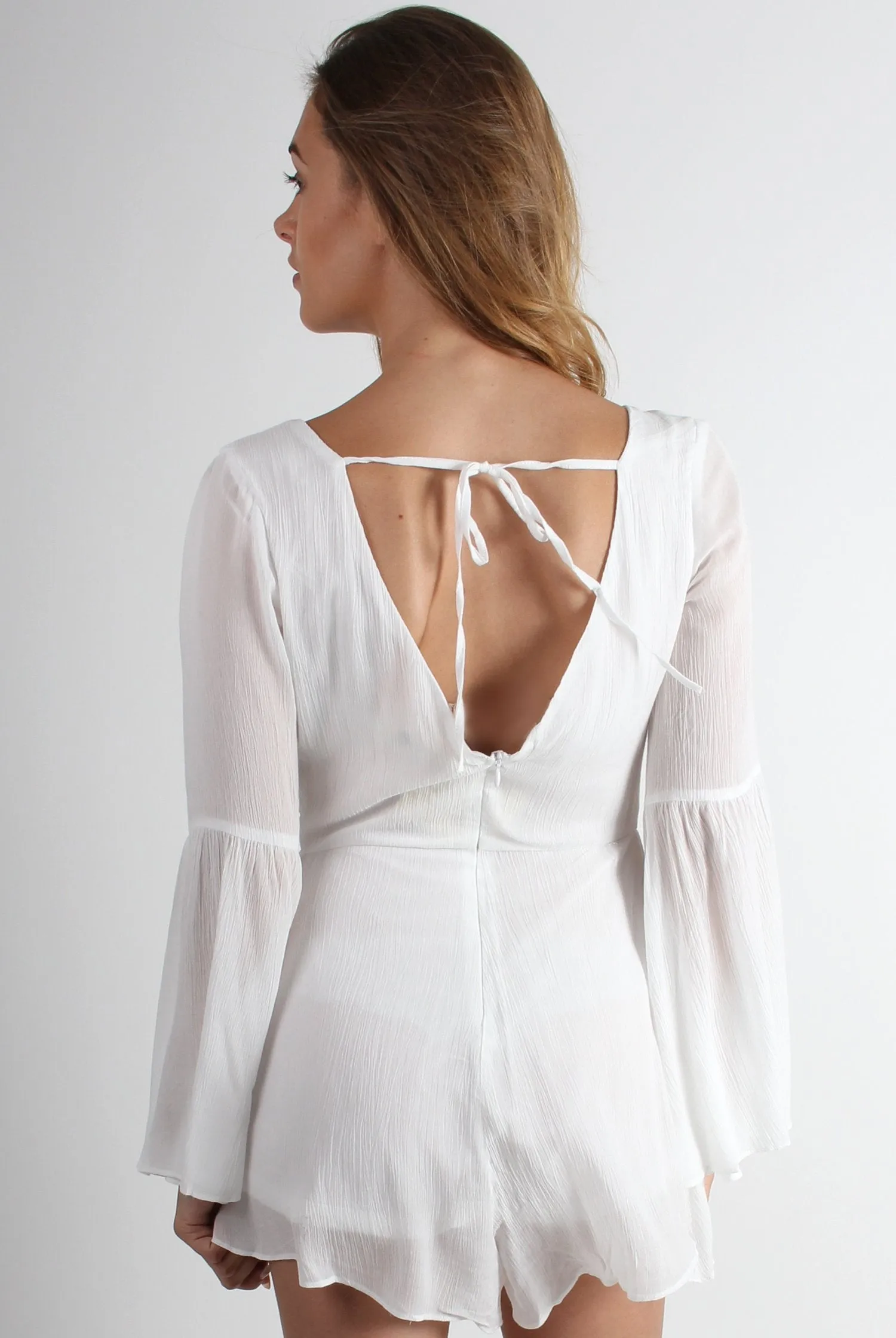 Eleanor White Crochet Bell Sleeve Playsuit