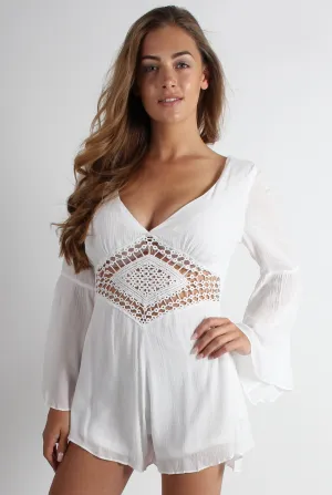 Eleanor White Crochet Bell Sleeve Playsuit