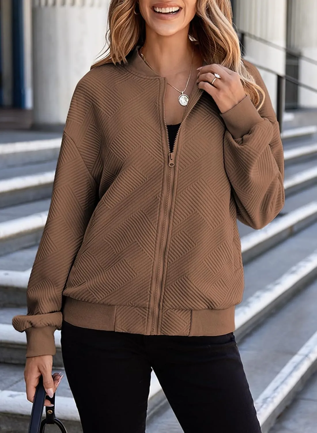 EVALESS Womens Bomber Jacket Coat Casual Stand Collar Zip Up Lightweight Fall Fashion Jackets Outfits with Pockets