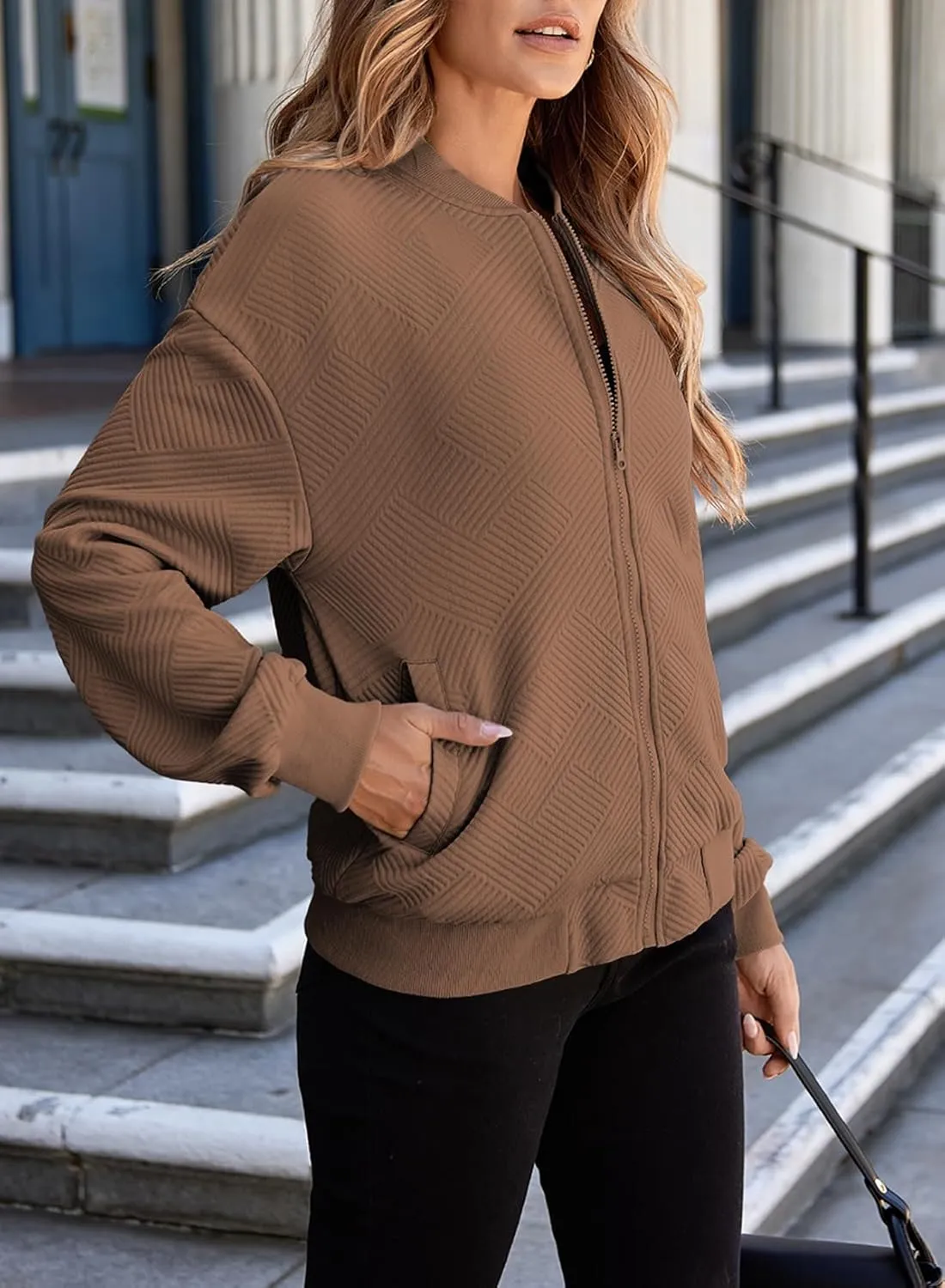 EVALESS Womens Bomber Jacket Coat Casual Stand Collar Zip Up Lightweight Fall Fashion Jackets Outfits with Pockets