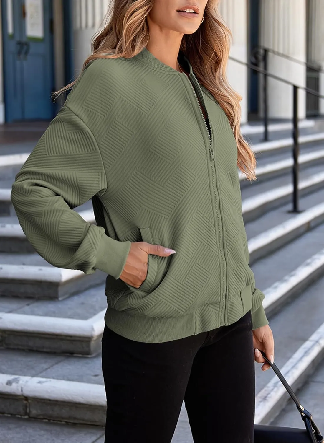 EVALESS Womens Bomber Jacket Coat Casual Stand Collar Zip Up Lightweight Fall Fashion Jackets Outfits with Pockets