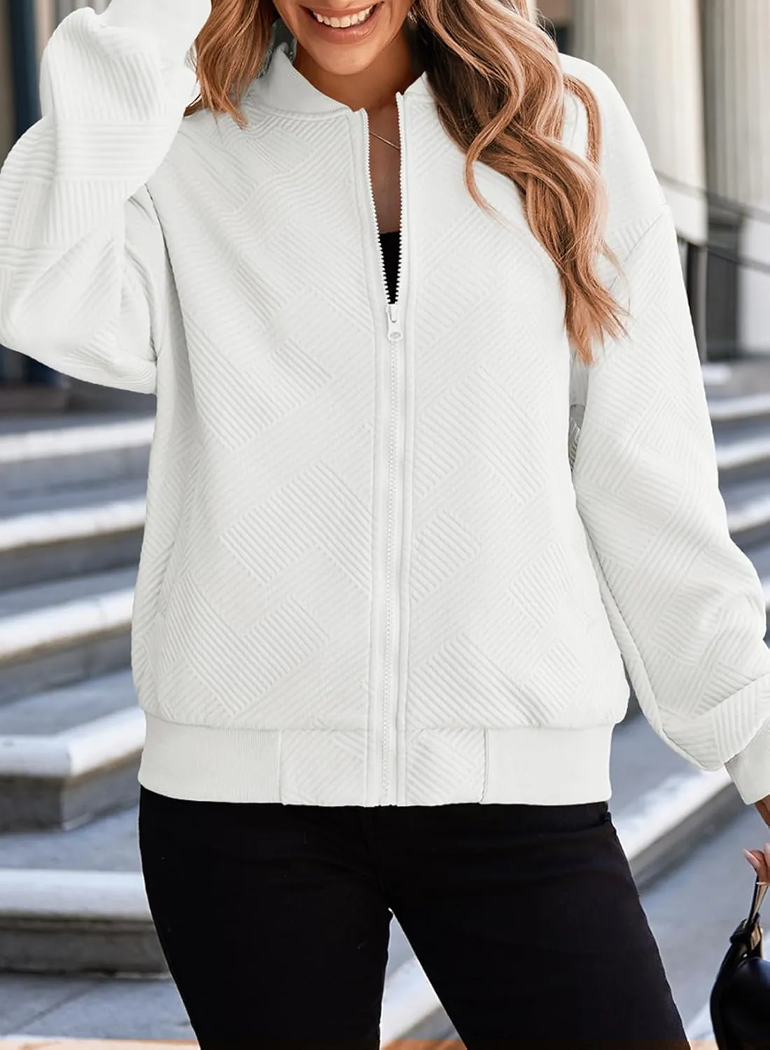 EVALESS Womens Bomber Jacket Coat Casual Stand Collar Zip Up Lightweight Fall Fashion Jackets Outfits with Pockets