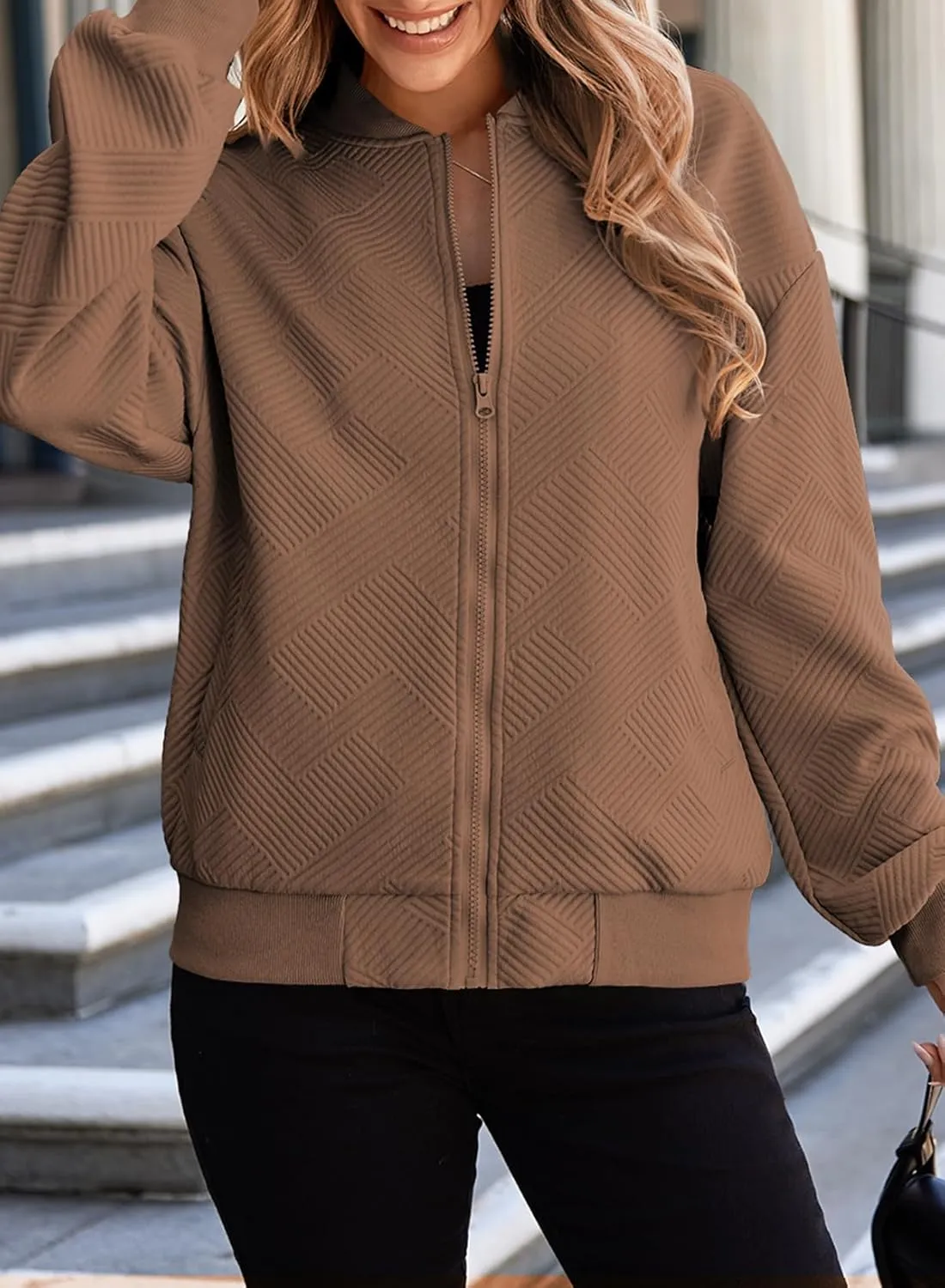 EVALESS Womens Bomber Jacket Coat Casual Stand Collar Zip Up Lightweight Fall Fashion Jackets Outfits with Pockets