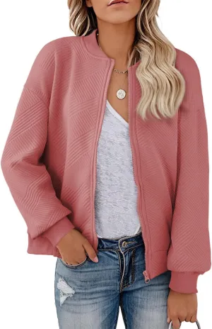 EVALESS Womens Bomber Jacket Coat Casual Stand Collar Zip Up Lightweight Fall Fashion Jackets Outfits with Pockets