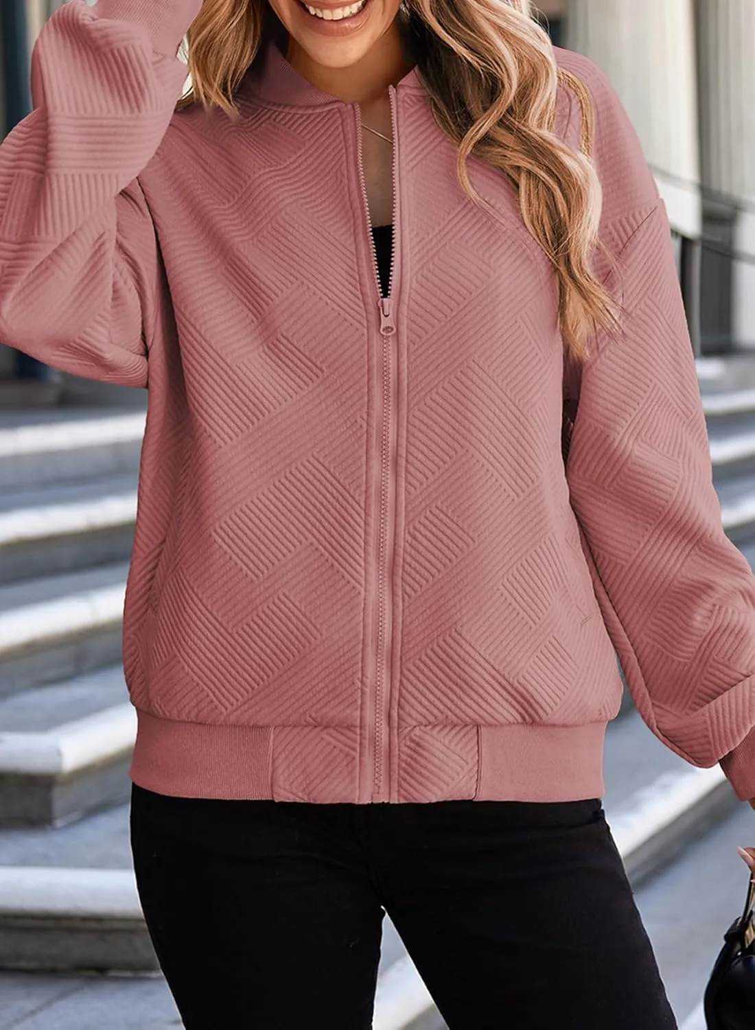 EVALESS Womens Bomber Jacket Coat Casual Stand Collar Zip Up Lightweight Fall Fashion Jackets Outfits with Pockets