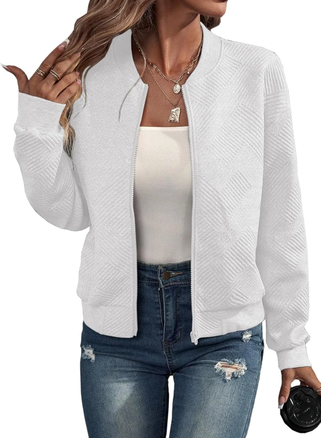 EVALESS Womens Bomber Jacket Coat Casual Stand Collar Zip Up Lightweight Fall Fashion Jackets Outfits with Pockets