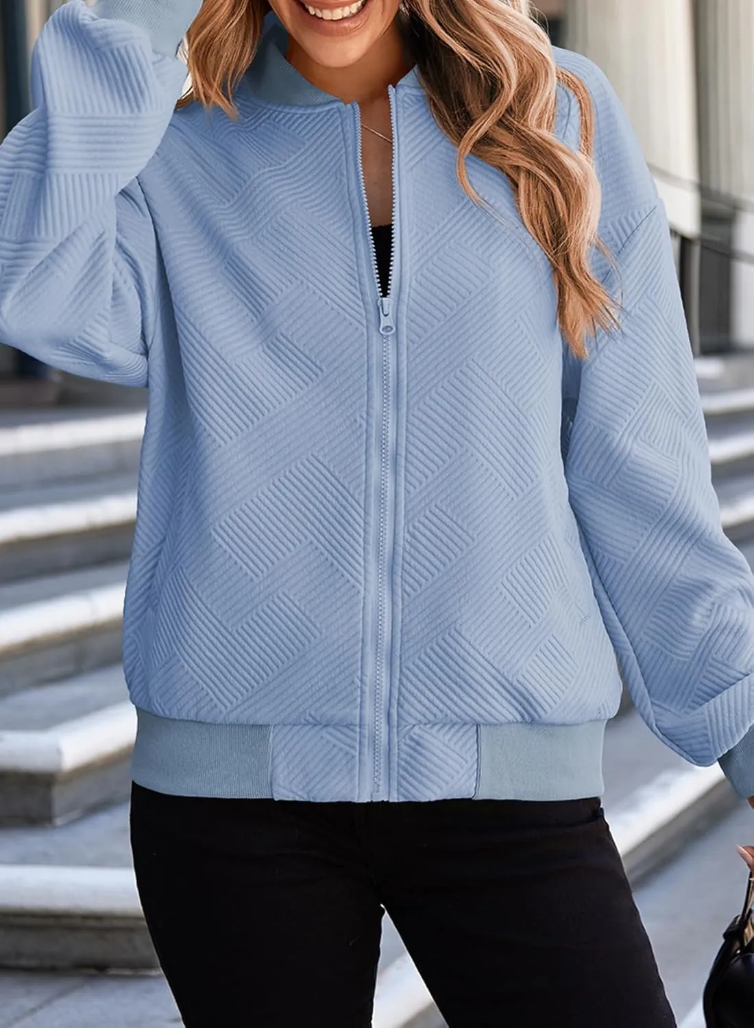 EVALESS Womens Bomber Jacket Coat Casual Stand Collar Zip Up Lightweight Fall Fashion Jackets Outfits with Pockets