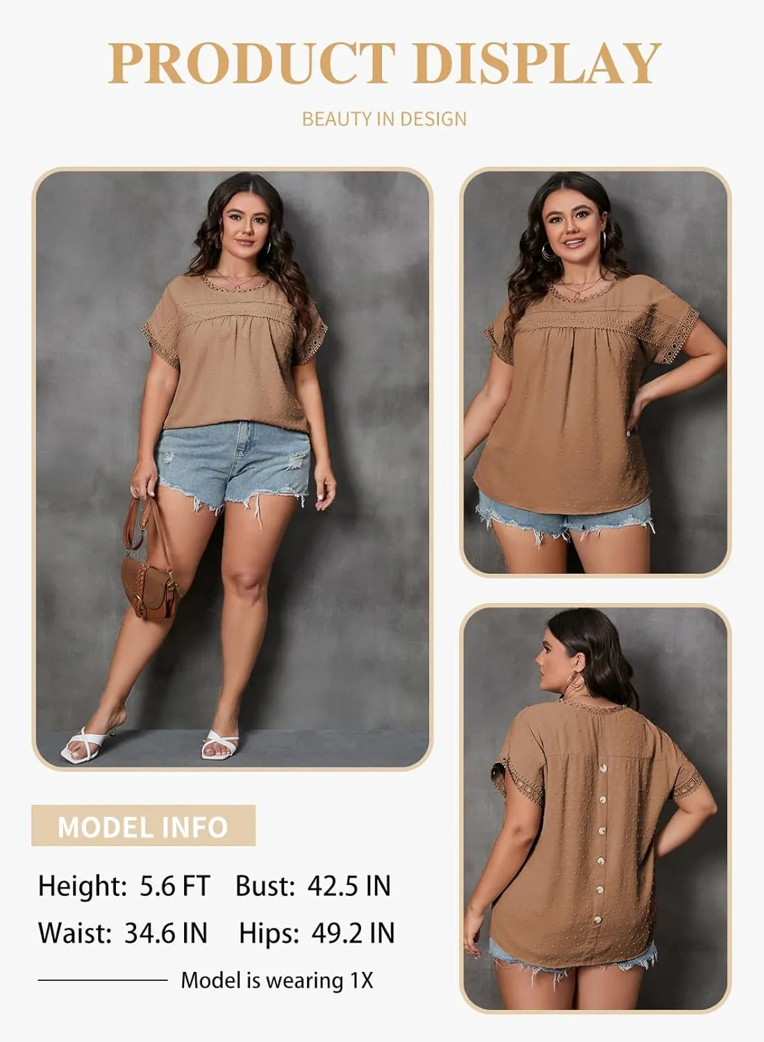 Eytino Women Plus Size Tops Crewneck Short Sleeve Lace Crochet Loose Casual Summer Blouses Shirts(1X-5X)