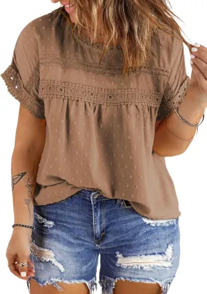 Eytino Women Plus Size Tops Crewneck Short Sleeve Lace Crochet Loose Casual Summer Blouses Shirts(1X-5X)