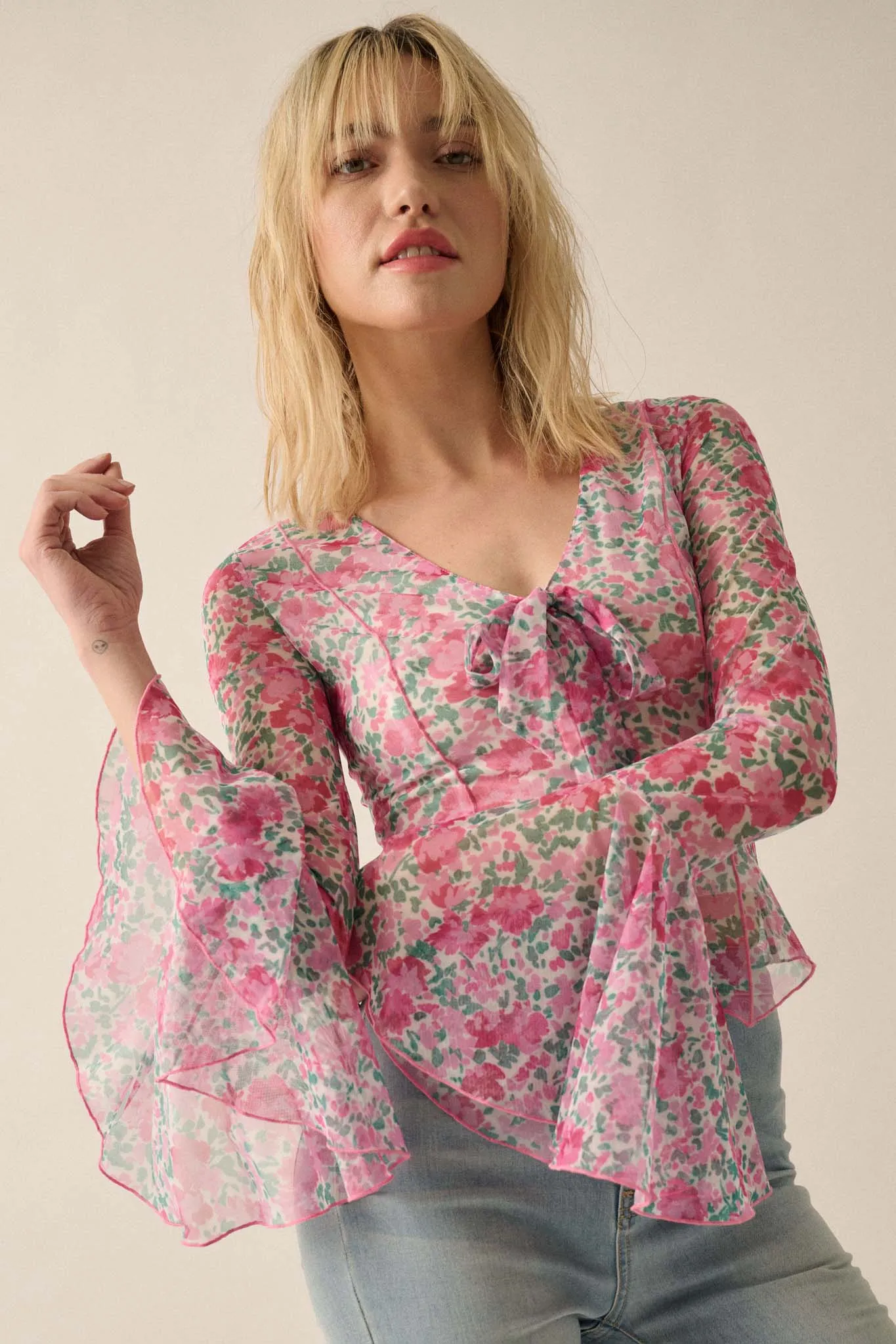 Fabulous Flowers Floral-Print Mesh Bell-Sleeve Top