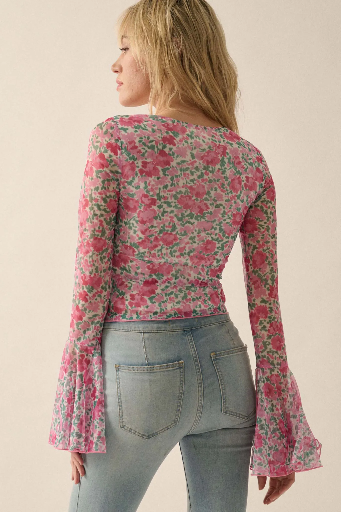 Fabulous Flowers Floral-Print Mesh Bell-Sleeve Top