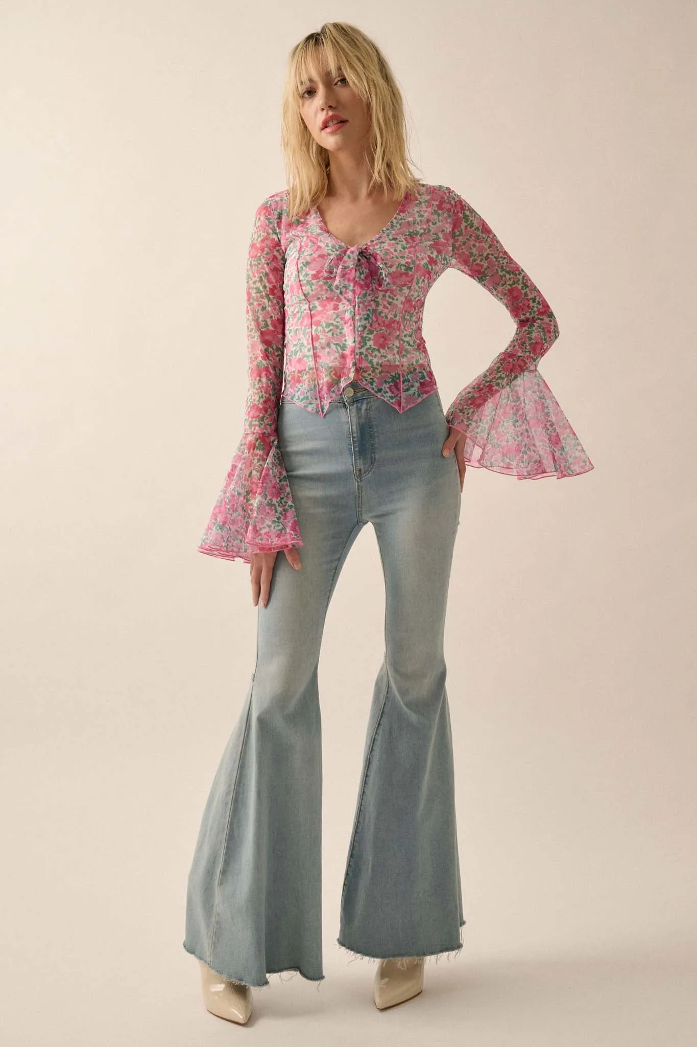 Fabulous Flowers Floral-Print Mesh Bell-Sleeve Top