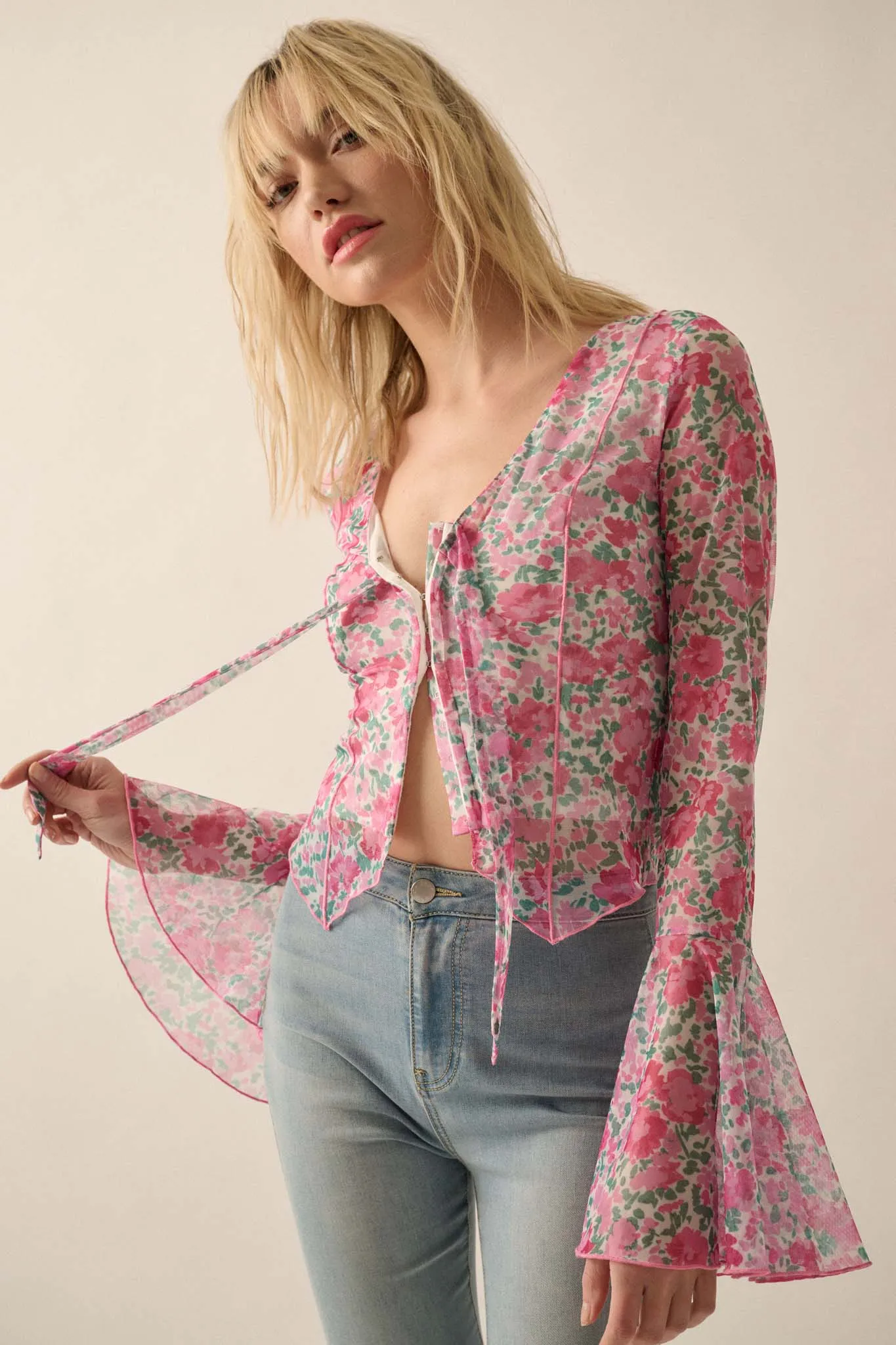 Fabulous Flowers Floral-Print Mesh Bell-Sleeve Top