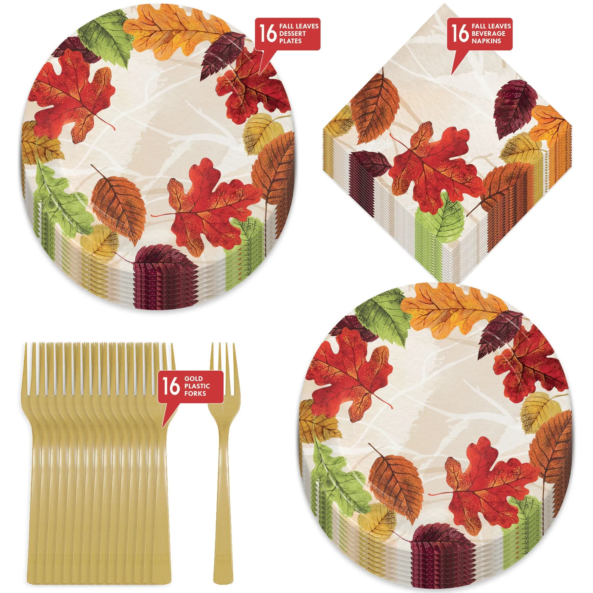Fall Leaves Paper Dessert Plates, Napkins, and Forks for Thanksgiving and Autumn Parties Tableware (Serves 16)