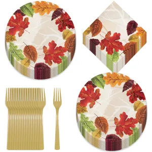Fall Leaves Paper Dessert Plates, Napkins, and Forks for Thanksgiving and Autumn Parties Tableware (Serves 16)