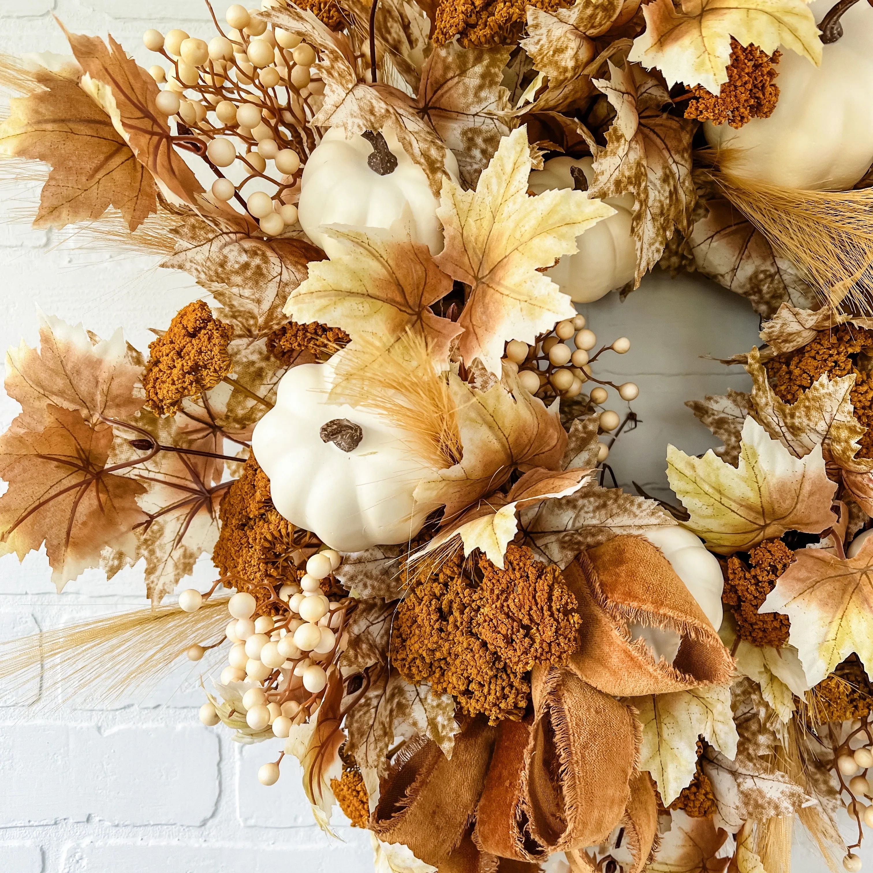 Fall Wreath with Maple Leaves, Pumpkins and Berries