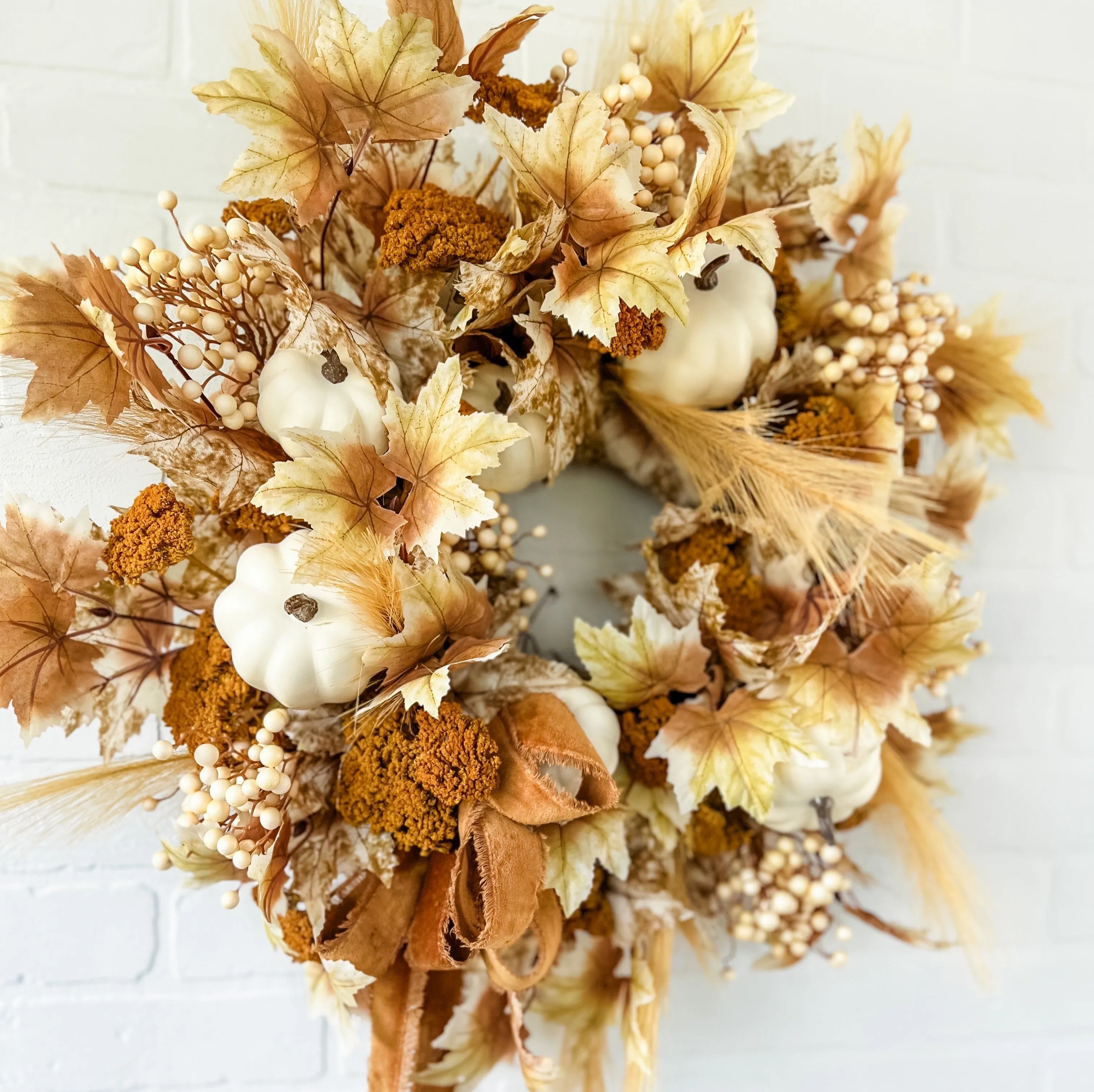 Fall Wreath with Maple Leaves, Pumpkins and Berries