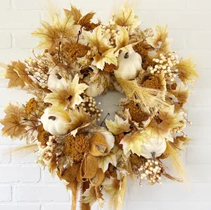 Fall Wreath with Maple Leaves, Pumpkins and Berries
