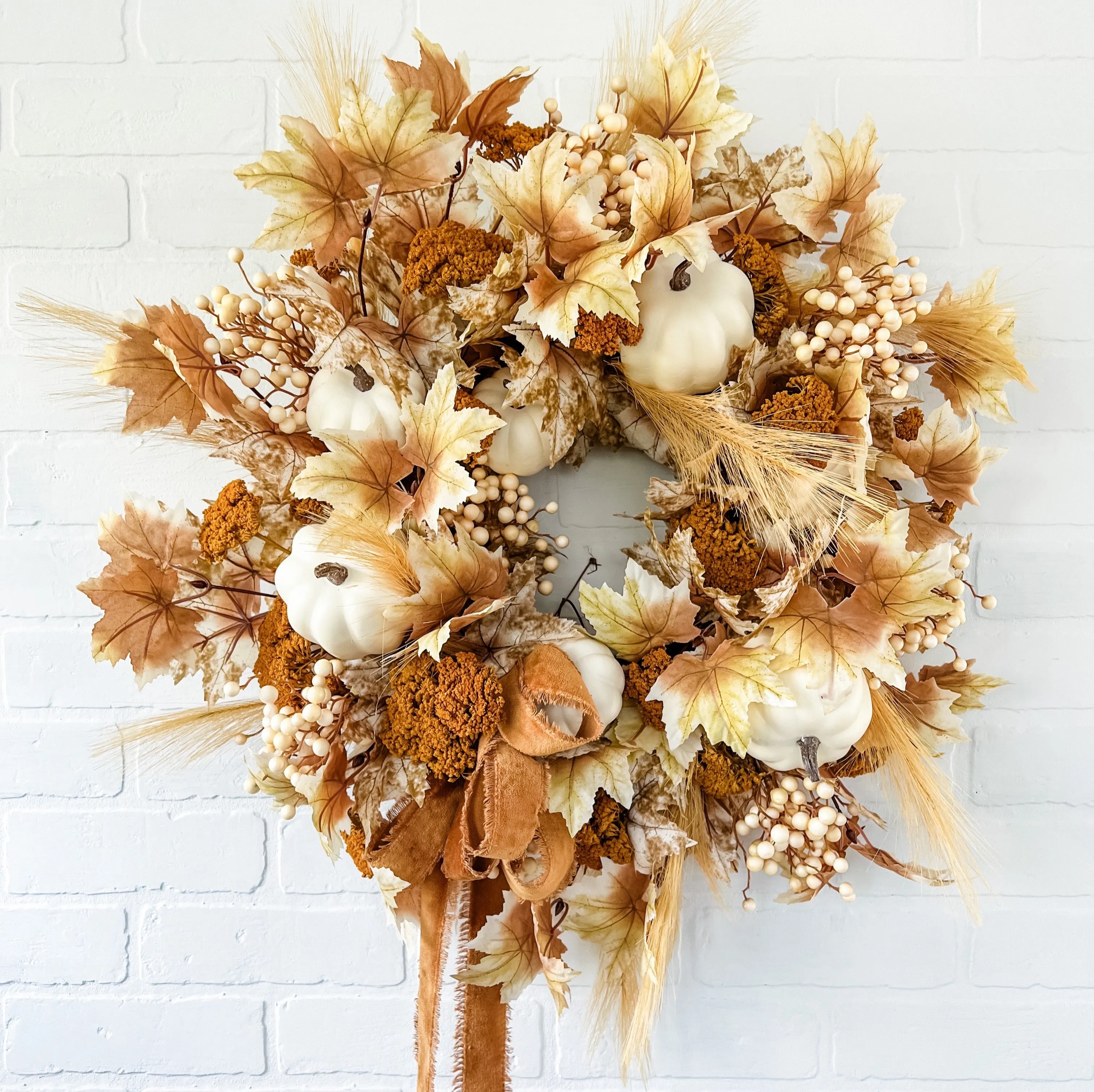 Fall Wreath with Maple Leaves, Pumpkins and Berries