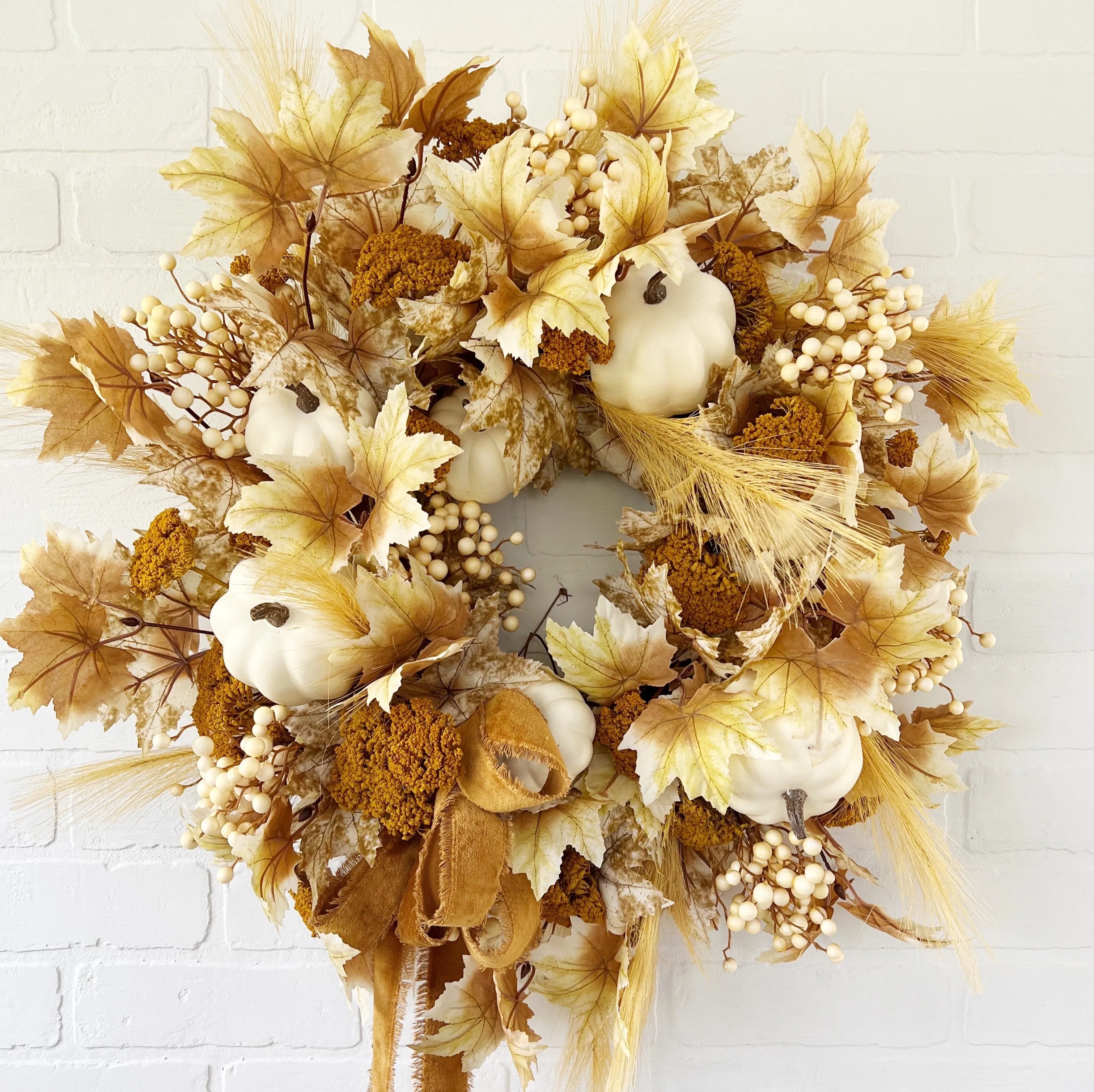 Fall Wreath with Maple Leaves, Pumpkins and Berries