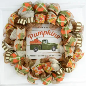 Farm Truck Wreath | Thanksgiving Mesh Door Wreath | Orange Brown Green Ivory