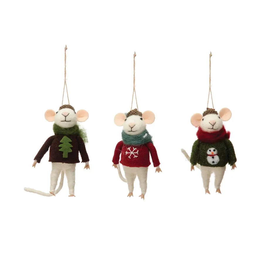 Felt Mouse in Hat and Sweater Ornament, 3 Styles