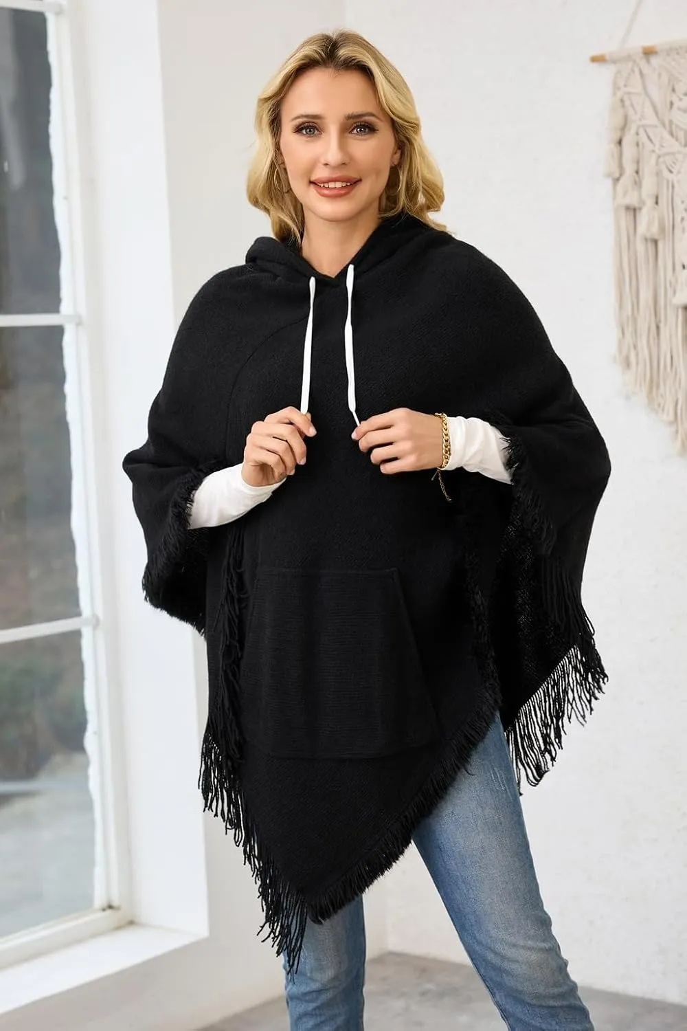 Ferand Ladies' Hooded Cape with Fringed Hem, Crochet Poncho Knitting Patterns for Women