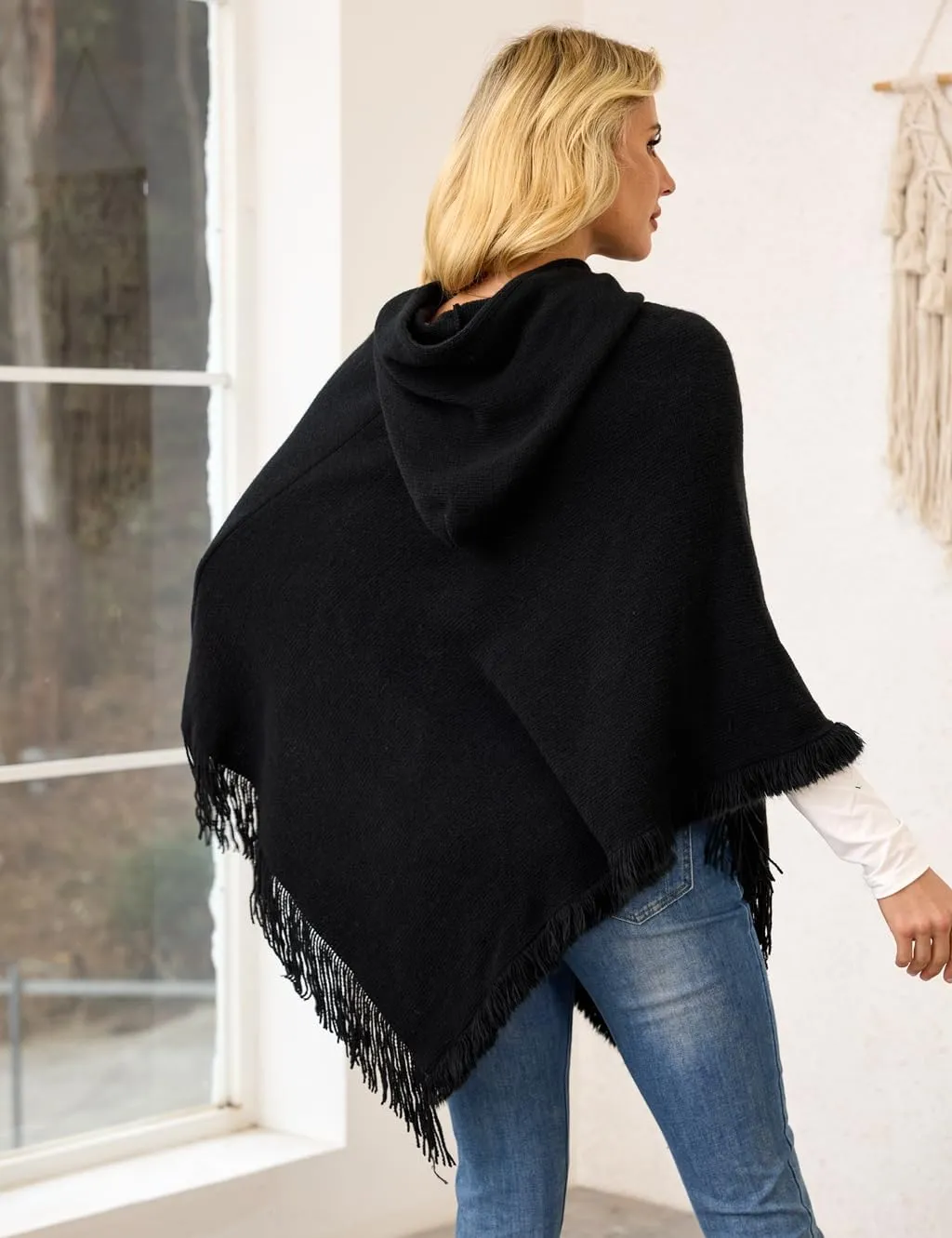 Ferand Ladies' Hooded Cape with Fringed Hem, Crochet Poncho Knitting Patterns for Women