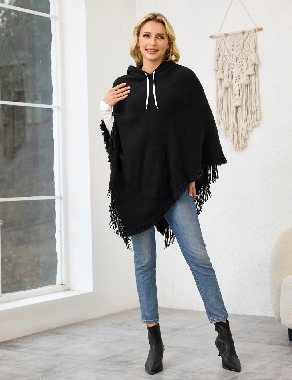 Ferand Ladies' Hooded Cape with Fringed Hem, Crochet Poncho Knitting Patterns for Women