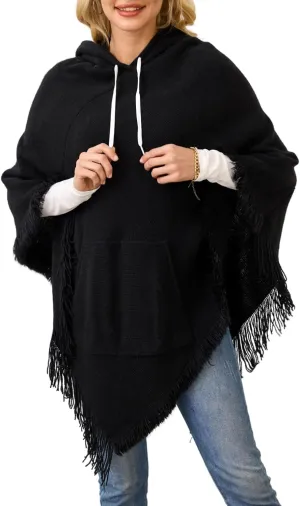 Ferand Ladies' Hooded Cape with Fringed Hem, Crochet Poncho Knitting Patterns for Women