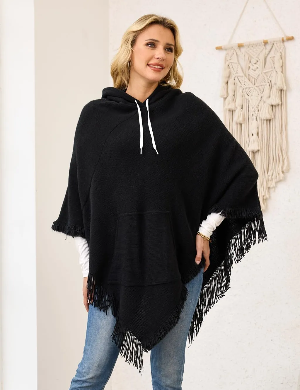 Ferand Ladies' Hooded Cape with Fringed Hem, Crochet Poncho Knitting Patterns for Women