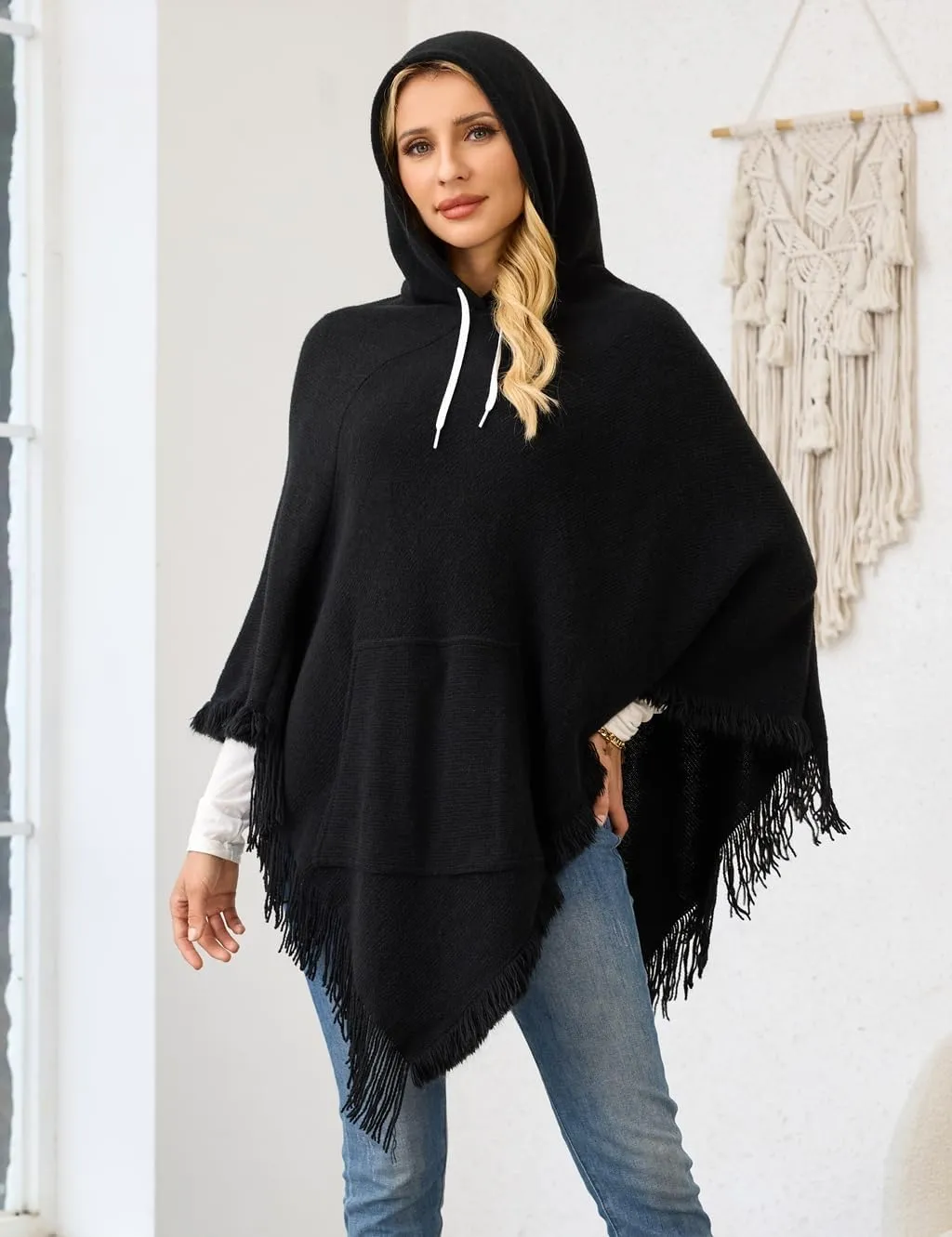 Ferand Ladies' Hooded Cape with Fringed Hem, Crochet Poncho Knitting Patterns for Women